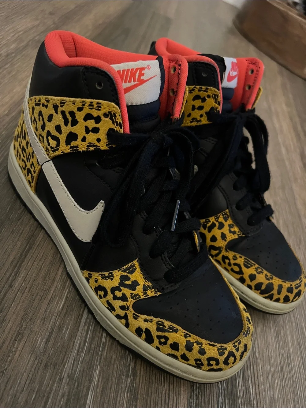 Nike Black & Yellow Leopard High-Top Sneakers with Coral Lining